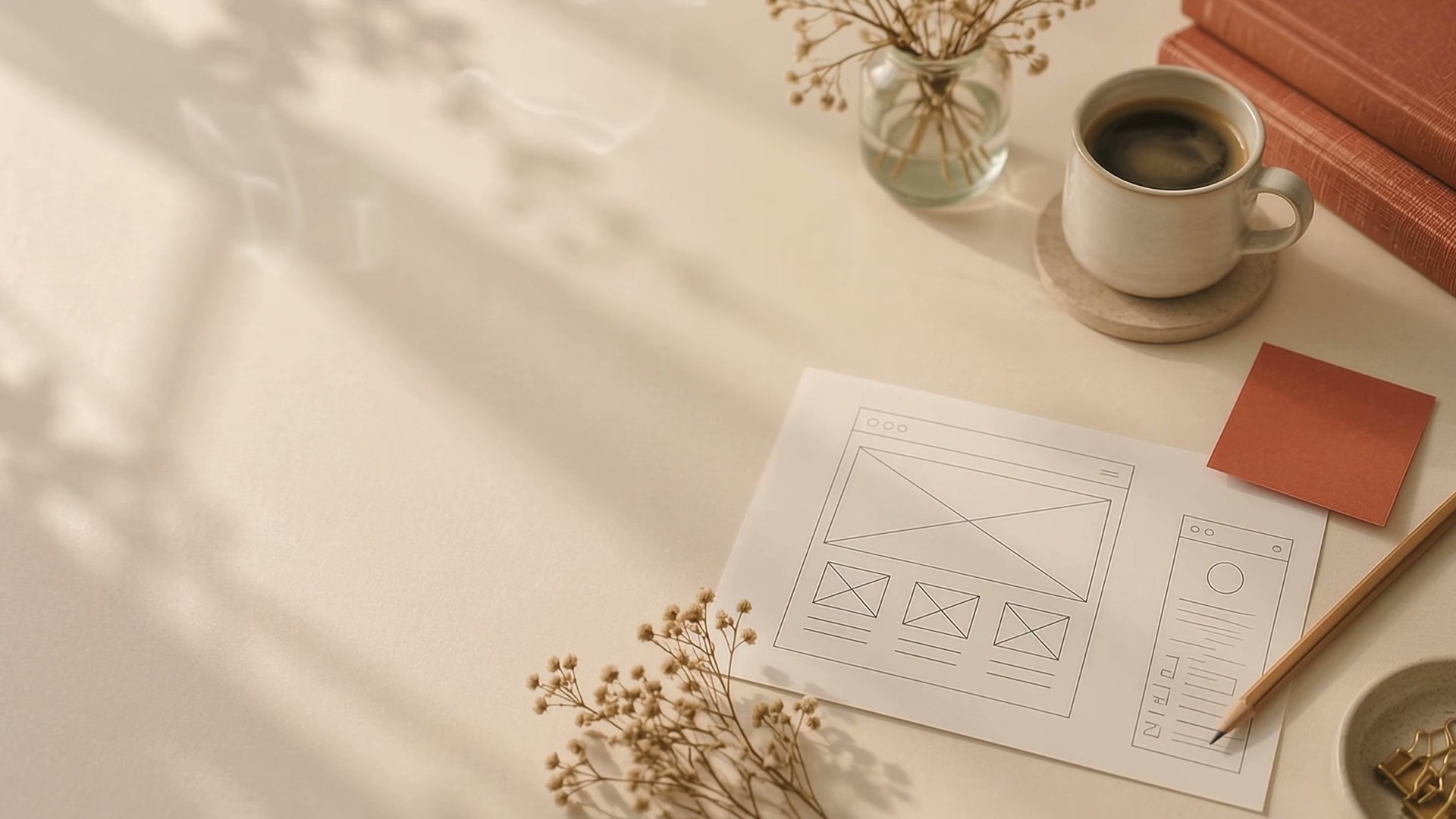 An editorial arrangement of interface sketches and color swatches on a designer’s table